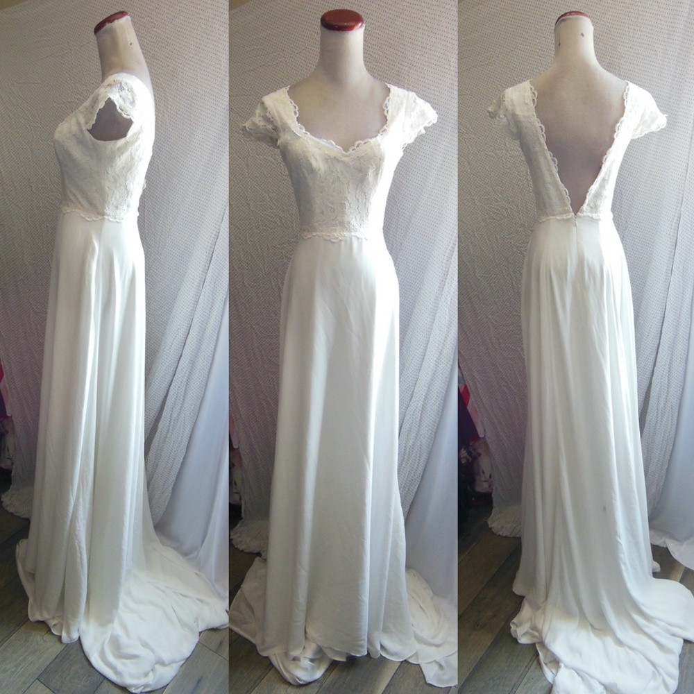 New SHOW ME YOUR MUMU Off White CHANTEL Lace Bodice WEDDING GOWN w/Train